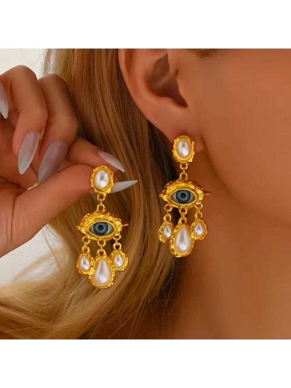 Gold-Tone Evil Eye Pearl Drop Earrings
